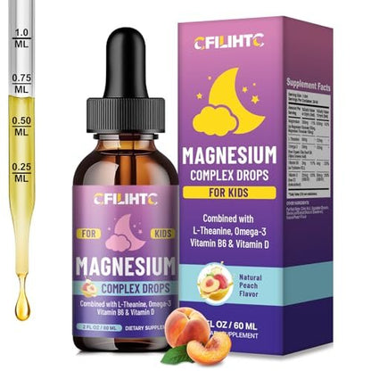 CFILIHTC Kids Magnesium Liquid Drops - Magnesium Glycinat für Kinder mit L-Theanin, Omega-3, Vitamin B6, D3 - für Schlaf, Entspannung, Gehirn, Knochen - Pfirsichgeschmack, 59 ml