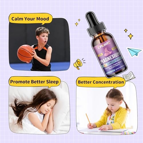 CFILIHTC Kids Magnesium Liquid Drops - Magnesium Glycinat für Kinder mit L-Theanin, Omega-3, Vitamin B6, D3 - für Schlaf, Entspannung, Gehirn, Knochen - Pfirsichgeschmack, 59 ml