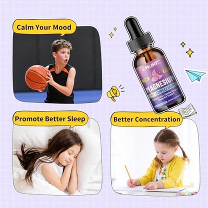 CFILIHTC Kids Magnesium Liquid Drops - Magnesium Glycinat für Kinder mit L-Theanin, Omega-3, Vitamin B6, D3 - für Schlaf, Entspannung, Gehirn, Knochen - Pfirsichgeschmack, 59 ml