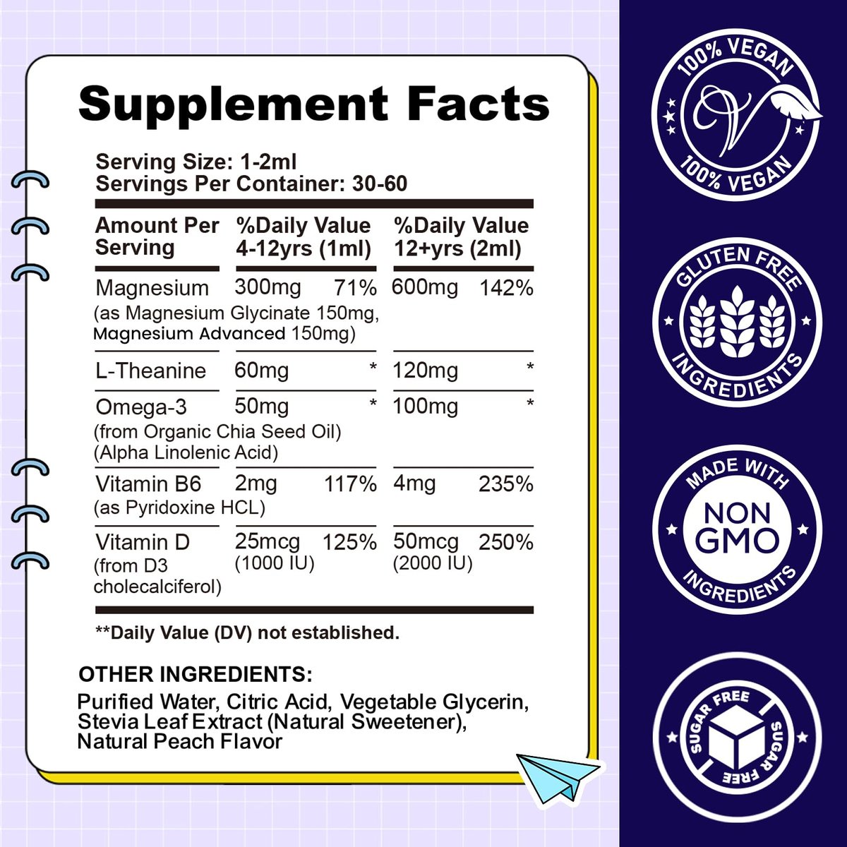 CFILIHTC Kids Magnesium Liquid Drops - Magnesium Glycinat für Kinder mit L-Theanin, Omega-3, Vitamin B6, D3 - für Schlaf, Entspannung, Gehirn, Knochen - Pfirsichgeschmack, 59 ml