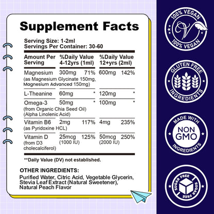 CFILIHTC Kids Magnesium Liquid Drops - Magnesium Glycinat für Kinder mit L-Theanin, Omega-3, Vitamin B6, D3 - für Schlaf, Entspannung, Gehirn, Knochen - Pfirsichgeschmack, 59 ml