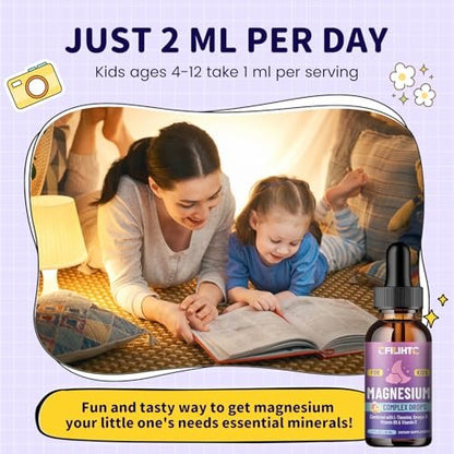 CFILIHTC Kids Magnesium Liquid Drops - Magnesium Glycinat für Kinder mit L-Theanin, Omega-3, Vitamin B6, D3 - für Schlaf, Entspannung, Gehirn, Knochen - Pfirsichgeschmack, 59 ml