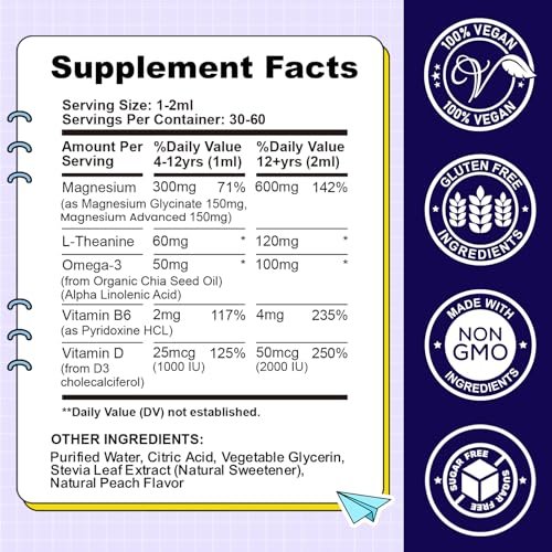 CFILIHTC Kids Magnesium Liquid Drops - Magnesium Glycinat für Kinder mit L-Theanin, Omega-3, Vitamin B6, D3 - für Schlaf, Entspannung, Gehirn, Knochen - Pfirsichgeschmack, 59 ml