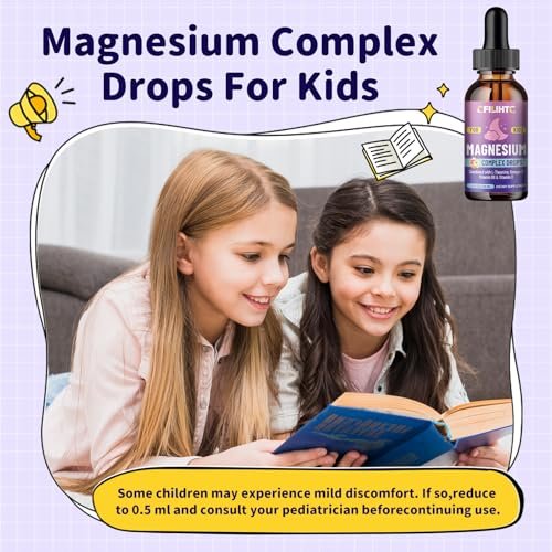 CFILIHTC Kids Magnesium Liquid Drops - Magnesium Glycinat für Kinder mit L-Theanin, Omega-3, Vitamin B6, D3 - für Schlaf, Entspannung, Gehirn, Knochen - Pfirsichgeschmack, 59 ml