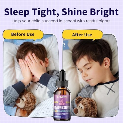 CFILIHTC Kids Magnesium Liquid Drops - Magnesium Glycinat für Kinder mit L-Theanin, Omega-3, Vitamin B6, D3 - für Schlaf, Entspannung, Gehirn, Knochen - Pfirsichgeschmack, 59 ml