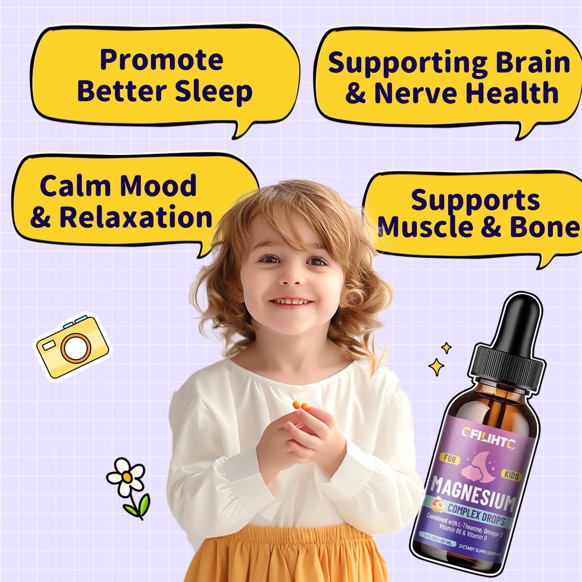 CFILIHTC Kids Magnesium Liquid Drops - Magnesium Glycinat für Kinder mit L-Theanin, Omega-3, Vitamin B6, D3 - für Schlaf, Entspannung, Gehirn, Knochen - Pfirsichgeschmack, 59 ml