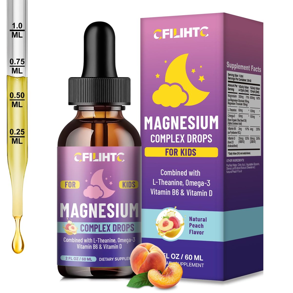 CFILIHTC Kids Magnesium Liquid Drops - Magnesium Glycinat für Kinder mit L-Theanin, Omega-3, Vitamin B6, D3 - für Schlaf, Entspannung, Gehirn, Knochen - Pfirsichgeschmack, 59 ml