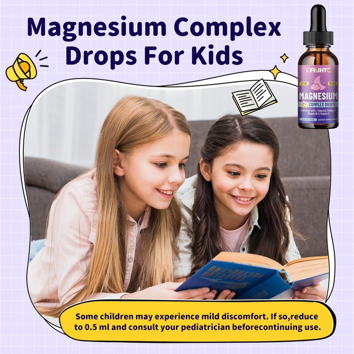 CFILIHTC Kids Magnesium Liquid Drops - Magnesium Glycinat für Kinder mit L-Theanin, Omega-3, Vitamin B6, D3 - für Schlaf, Entspannung, Gehirn, Knochen - Pfirsichgeschmack, 59 ml