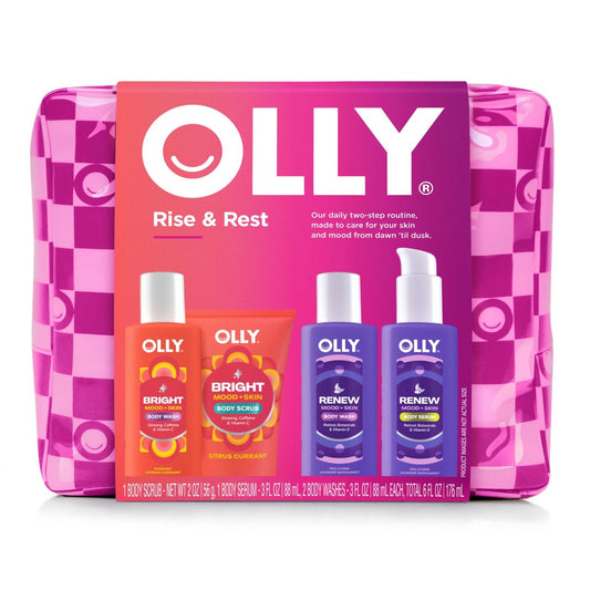OLLY Rest & Rise Body Care Set – Tag- und Nacht-Regime – 2 Duschgels + Body Serum Lotion + Peeling – Mit Vitamin D, Retinol, Botanicals & Vitamin C – Pflegend, Feuchtigkeitsspendend – 4-teilig