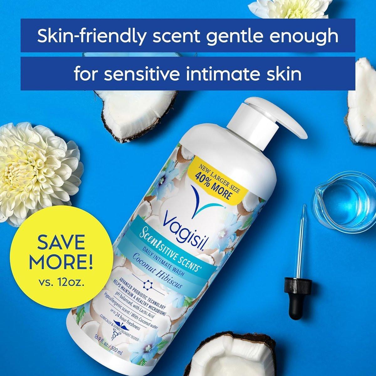 Vagisil Femininwasche für die Intimhygiene, pH-ausgeglichen und gynäkologisch getestet, Kokos-Hibiskus, 500 ml mit Pumpe