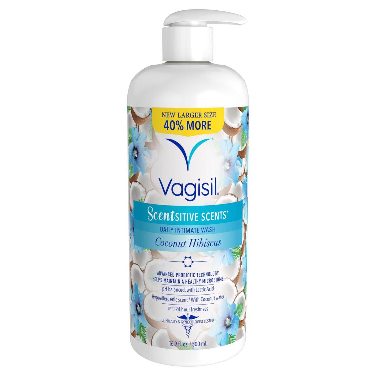 Vagisil Femininwasche für die Intimhygiene, pH-ausgeglichen und gynäkologisch getestet, Kokos-Hibiskus, 500 ml mit Pumpe
