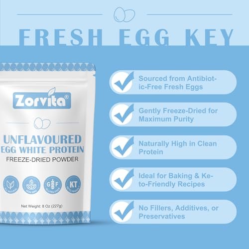 ZORVITA Gefriergetrocknetes Eiweißpulver Ungesüßt, Ohne Zusätze oder Füllstoffe, Glutenfrei, Nicht-GVO, 227 g (8 Unzen)