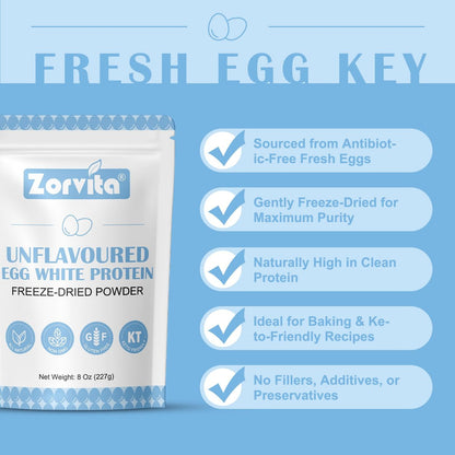 ZORVITA Gefriergetrocknetes Eiweißpulver Ungesüßt, Ohne Zusätze oder Füllstoffe, Glutenfrei, Nicht-GVO, 227 g (8 Unzen)
