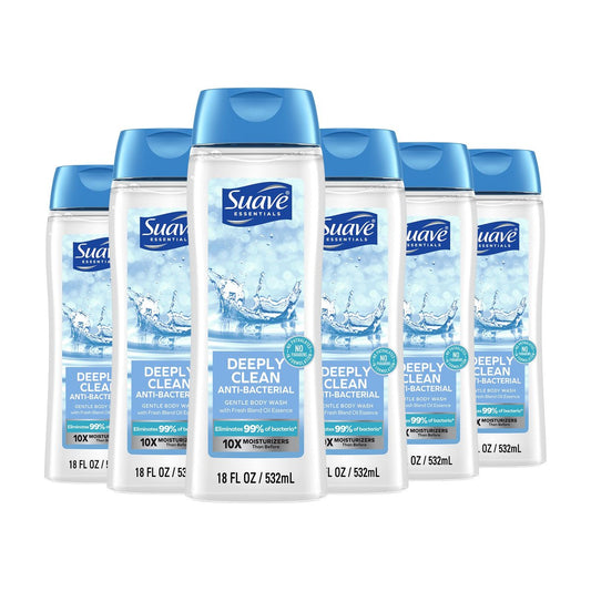 Suave Deeply Clean Antibakterielles Duschgel mit Glycerin & Vitamin E, Feuchtigkeitsspendender Hautreiniger für weiche, geschmeidige Haut, langanhaltender Duft, Parabenfrei, 18 FL OZ, 6er-Pack