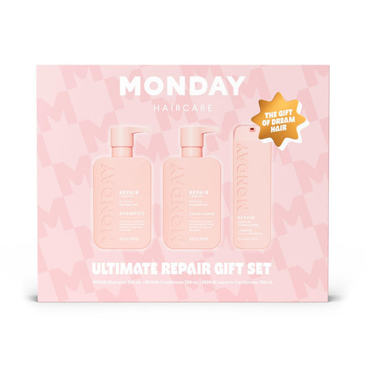 MONDAY Haircare Ultimate Repair Geschenkset mit REPAIR Shampoo, REPAIR Conditioner und REPAIR Leave-In - 3-teiliges Set für geschädigtes Haar