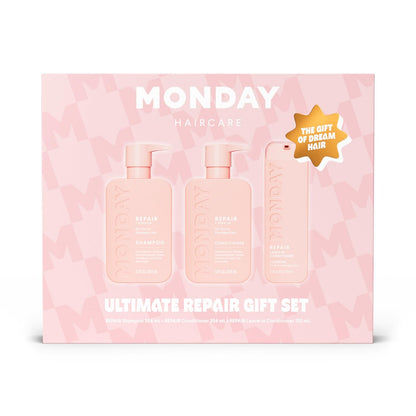 MONDAY Haircare Ultimate Repair Geschenkset mit REPAIR Shampoo, REPAIR Conditioner und REPAIR Leave-In - 3-teiliges Set für geschädigtes Haar