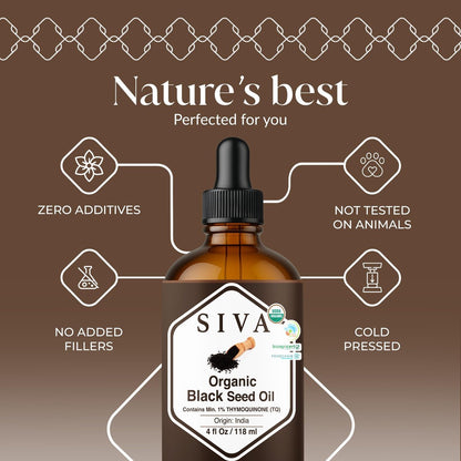 Siva Schwarzkümmelöl Bio - 118 ml – 100 % natürliches kaltgepresstes Schwarzkümmelöl - für Gesicht, Hautpflege, Haarpflege, Kopfhautmassage & Körpermassage – Trägeröl mit Pipette