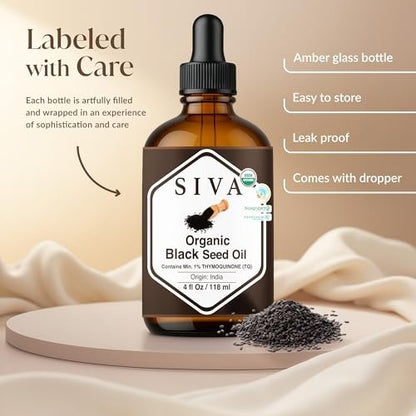 Siva Schwarzkümmelöl Bio - 118 ml – 100 % natürliches kaltgepresstes Schwarzkümmelöl - für Gesicht, Hautpflege, Haarpflege, Kopfhautmassage & Körpermassage – Trägeröl mit Pipette