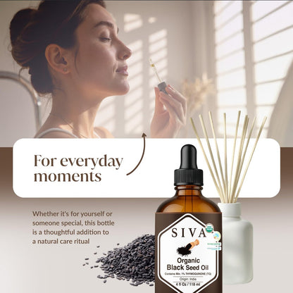 Siva Schwarzkümmelöl Bio - 118 ml – 100 % natürliches kaltgepresstes Schwarzkümmelöl - für Gesicht, Hautpflege, Haarpflege, Kopfhautmassage & Körpermassage – Trägeröl mit Pipette