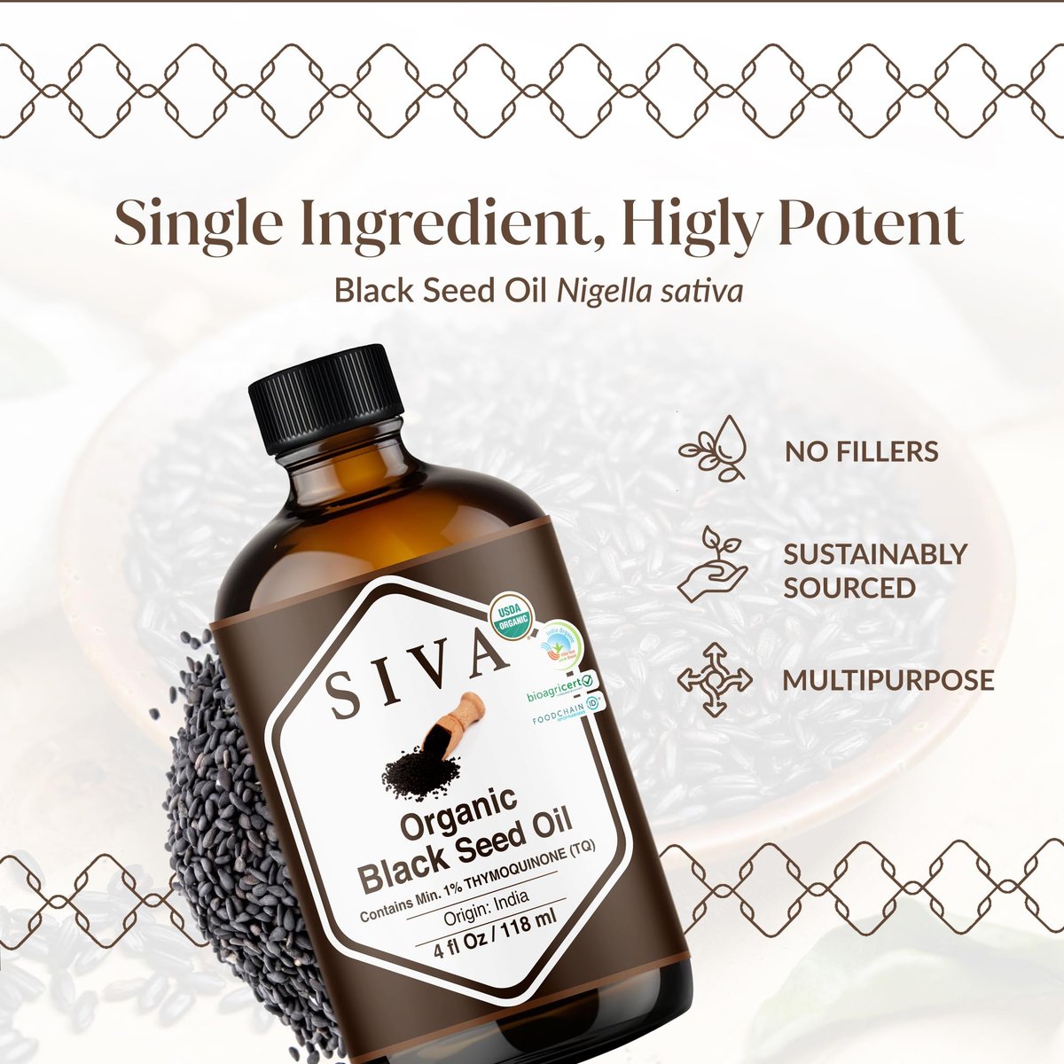 Siva Schwarzkümmelöl Bio - 118 ml – 100 % natürliches kaltgepresstes Schwarzkümmelöl - für Gesicht, Hautpflege, Haarpflege, Kopfhautmassage & Körpermassage – Trägeröl mit Pipette