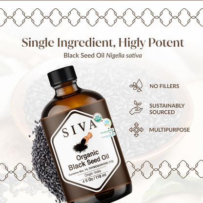 Siva Schwarzkümmelöl Bio - 118 ml – 100 % natürliches kaltgepresstes Schwarzkümmelöl - für Gesicht, Hautpflege, Haarpflege, Kopfhautmassage & Körpermassage – Trägeröl mit Pipette
