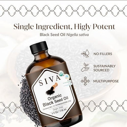 Siva Schwarzkümmelöl Bio - 118 ml – 100 % natürliches kaltgepresstes Schwarzkümmelöl - für Gesicht, Hautpflege, Haarpflege, Kopfhautmassage & Körpermassage – Trägeröl mit Pipette