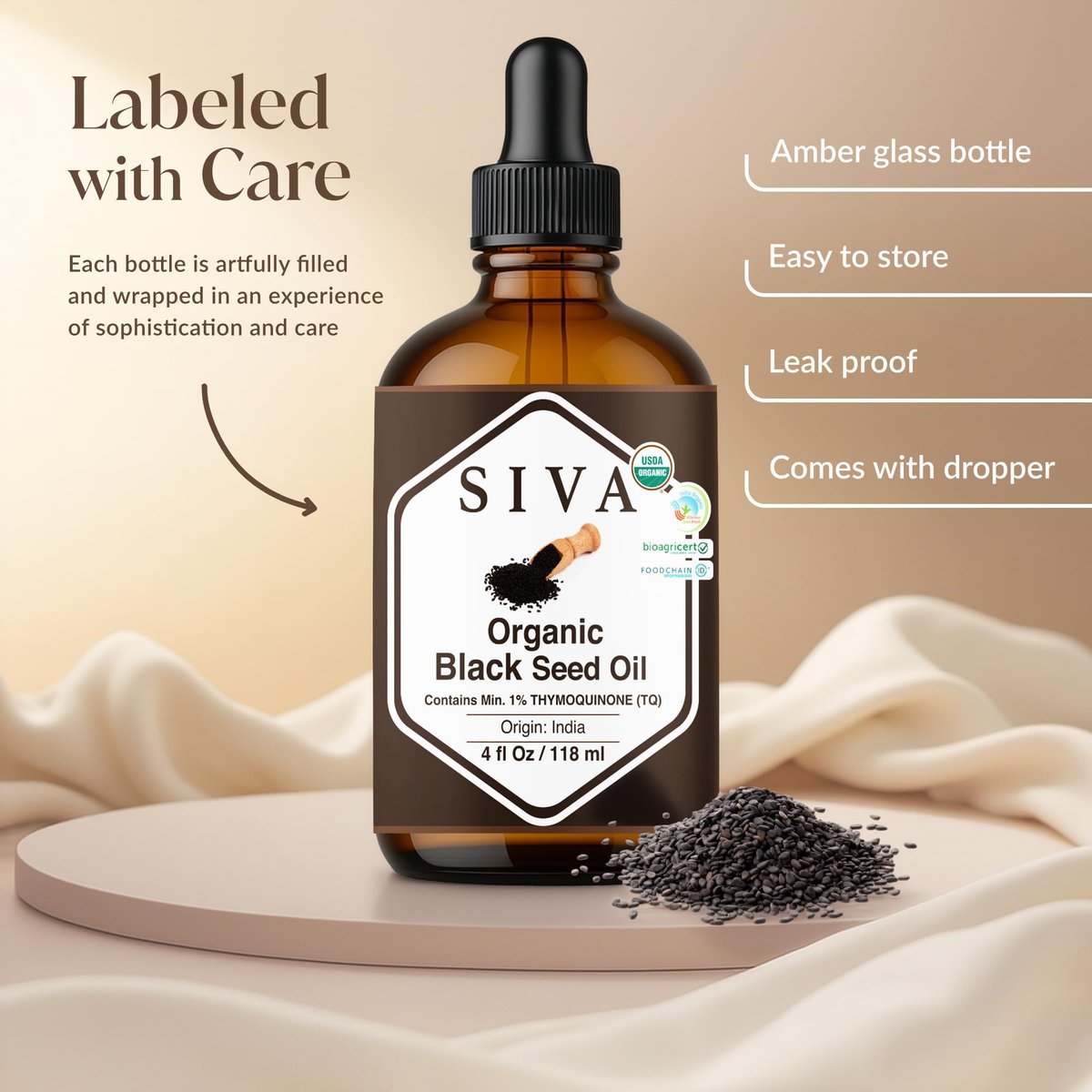 Siva Schwarzkümmelöl Bio - 118 ml – 100 % natürliches kaltgepresstes Schwarzkümmelöl - für Gesicht, Hautpflege, Haarpflege, Kopfhautmassage & Körpermassage – Trägeröl mit Pipette