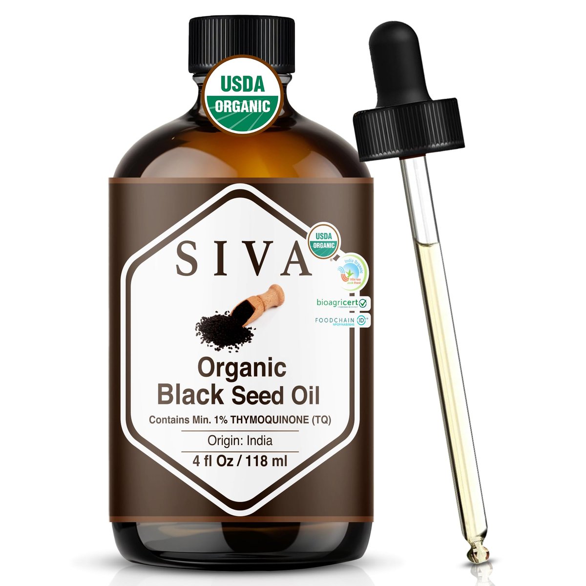 Siva Schwarzkümmelöl Bio - 118 ml – 100 % natürliches kaltgepresstes Schwarzkümmelöl - für Gesicht, Hautpflege, Haarpflege, Kopfhautmassage & Körpermassage – Trägeröl mit Pipette