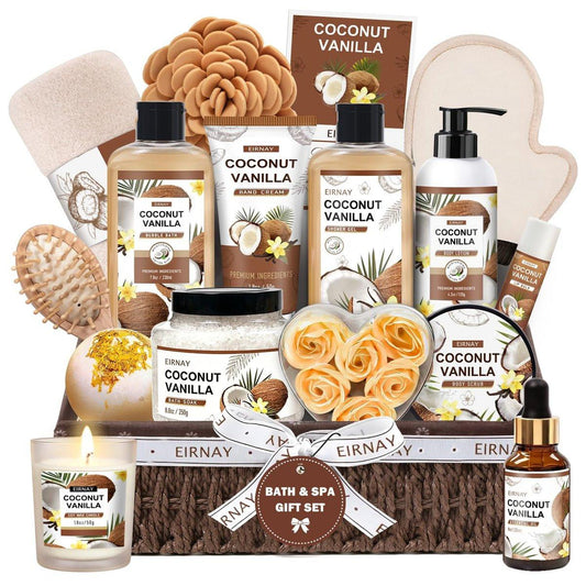 EIRNAY Muttertagsgeschenk für Frauen - 16-teiliges Geburtstags-Geschenkset mit Kokosnuss-Vanille-Verwöhnset, inklusive luxuriösem Home-Spa-Duschgel und Schaumbad