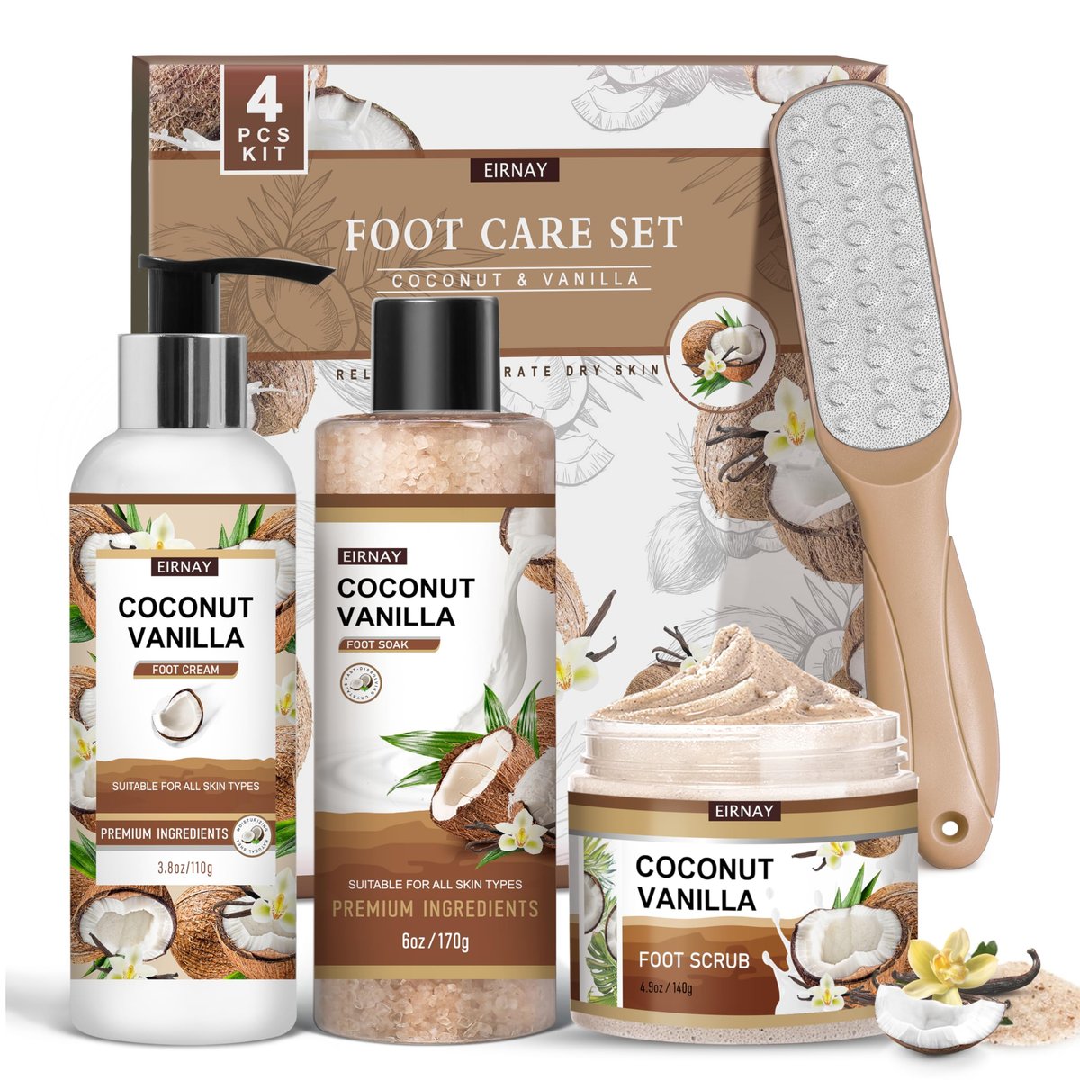 EIRNAY Kokos & Vanille Fußbad Set – Badesalz, Fußfeile, Peeling & Urea-Creme Pediküre-Set für trockene, rissige Füße – Fußpflege-Set für Damen und Herren
