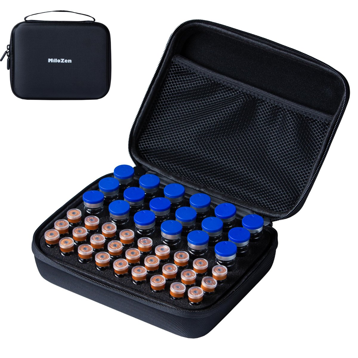 MiloZen Peptide Case für 1-3 ml Vials & Insulin-Vial Case für 5-10 ml Vials, 45 Vials Halter, nicht geeignet für hohe 10 ml Vials, Diabetes-Medikamenten-Organizer, Schwarz