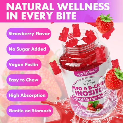 softbear Inositol Gummies für Frauen – Myo-Inositol & D-Chiro Inositol im idealen 20:1 Verhältnis, Zuckerfrei, Vegan, Ohne Gentechnik, Erdbeergeschmack, 60 Stück