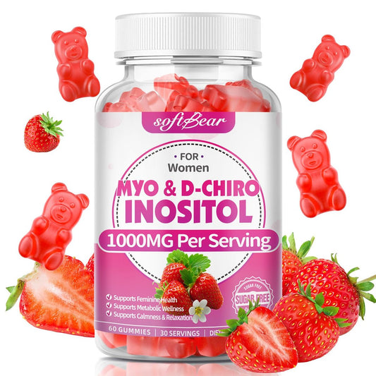 softbear Inositol Gummies für Frauen – Myo-Inositol & D-Chiro Inositol im idealen 20:1 Verhältnis, Zuckerfrei, Vegan, Ohne Gentechnik, Erdbeergeschmack, 60 Stück