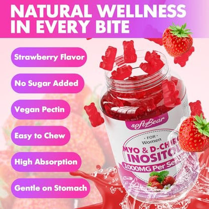 softbear Inositol Gummies für Frauen – Myo-Inositol & D-Chiro Inositol im idealen 20:1 Verhältnis, Zuckerfrei, Vegan, Ohne Gentechnik, Erdbeergeschmack, 60 Stück