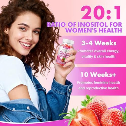 softbear Inositol Gummies für Frauen – Myo-Inositol & D-Chiro Inositol im idealen 20:1 Verhältnis, Zuckerfrei, Vegan, Ohne Gentechnik, Erdbeergeschmack, 60 Stück
