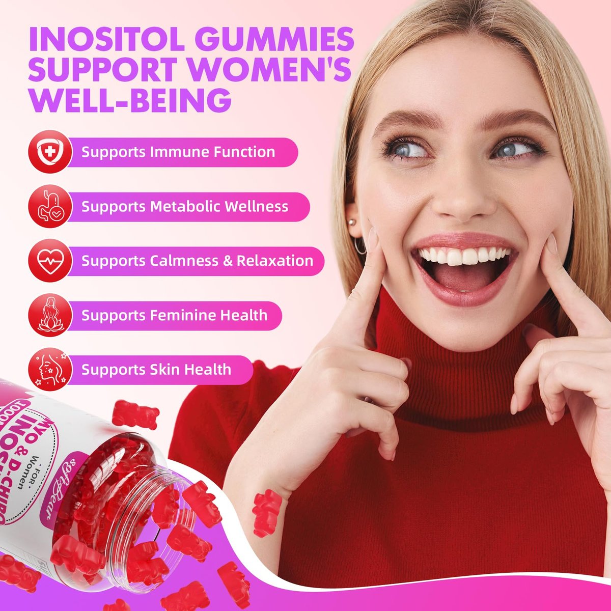 softbear Inositol Gummies für Frauen – Myo-Inositol & D-Chiro Inositol im idealen 20:1 Verhältnis, Zuckerfrei, Vegan, Ohne Gentechnik, Erdbeergeschmack, 60 Stück