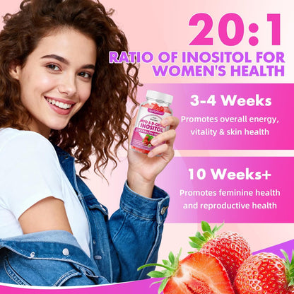 softbear Inositol Gummies für Frauen – Myo-Inositol & D-Chiro Inositol im idealen 20:1 Verhältnis, Zuckerfrei, Vegan, Ohne Gentechnik, Erdbeergeschmack, 60 Stück