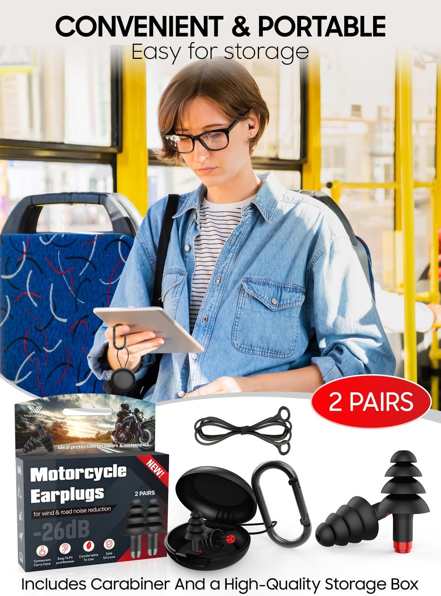 Motorrad Ohrstöpsel gegen Windgeräusche, wiederverwendbare Silikon-Ohrstöpsel mit Filter für lange Fahrten, 26 dB Gehörschutz mit Sicherheitskordel und Reiseetui