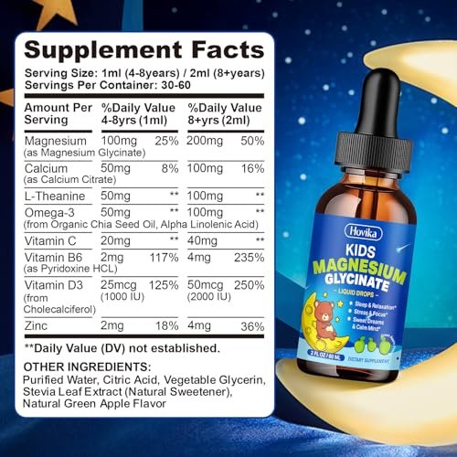 Flüssiges Magnesium für Kinder – mit L-Theanin, Omega-3, Vitamin B6, D3, Zink – Magnesiumglycinat-Tropfen für Schlaf, Entspannung, Ruhe & Konzentration – 60 ml, grüner Apfelgeschmack