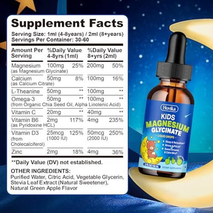 Flüssiges Magnesium für Kinder – mit L-Theanin, Omega-3, Vitamin B6, D3, Zink – Magnesiumglycinat-Tropfen für Schlaf, Entspannung, Ruhe & Konzentration – 60 ml, grüner Apfelgeschmack