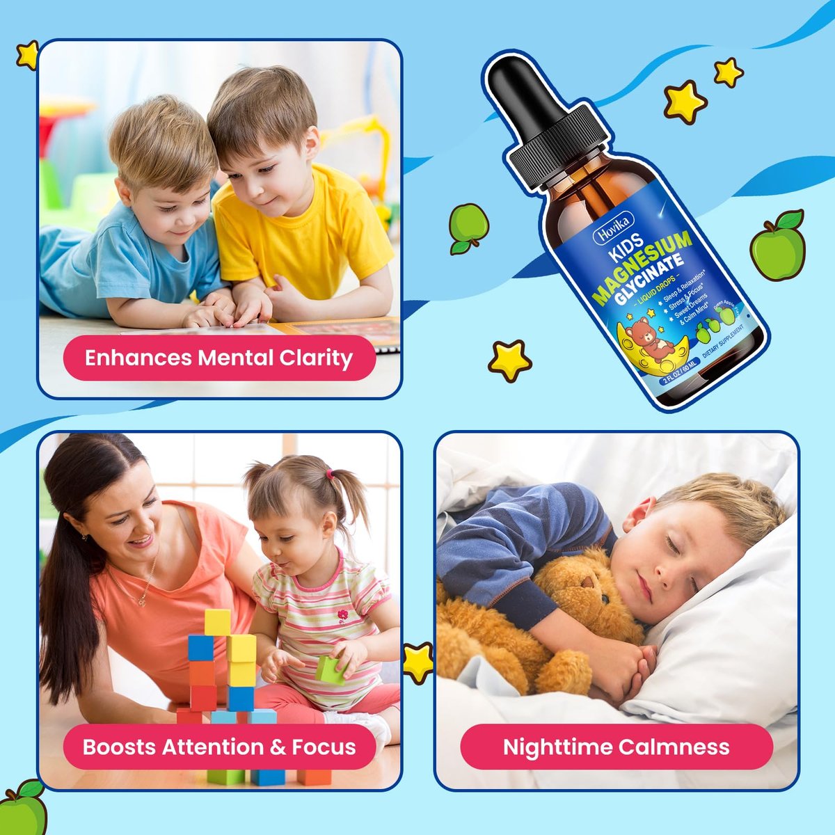 Flüssiges Magnesium für Kinder – mit L-Theanin, Omega-3, Vitamin B6, D3, Zink – Magnesiumglycinat-Tropfen für Schlaf, Entspannung, Ruhe & Konzentration – 60 ml, grüner Apfelgeschmack
