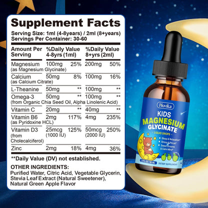 Flüssiges Magnesium für Kinder – mit L-Theanin, Omega-3, Vitamin B6, D3, Zink – Magnesiumglycinat-Tropfen für Schlaf, Entspannung, Ruhe & Konzentration – 60 ml, grüner Apfelgeschmack