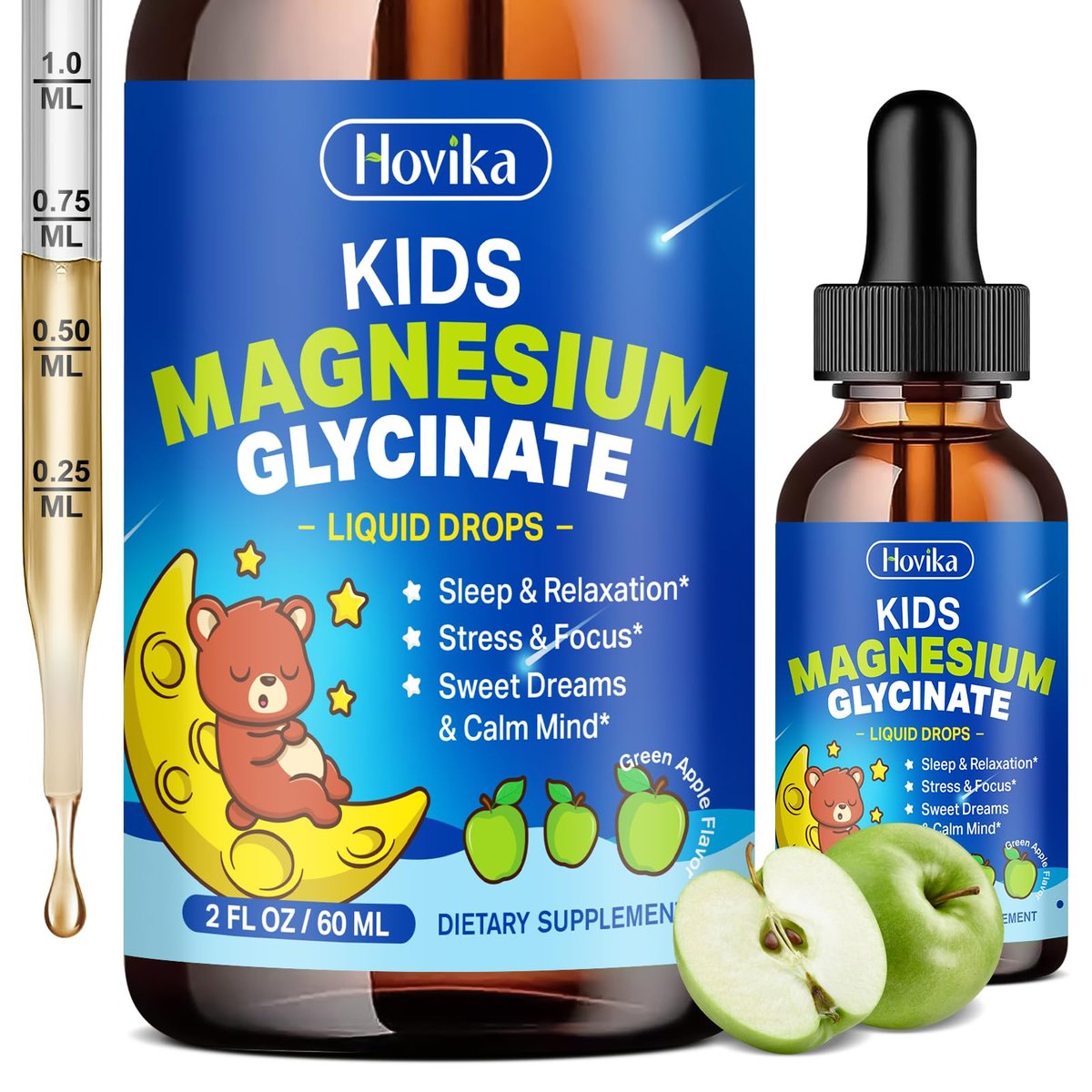Flüssiges Magnesium für Kinder – mit L-Theanin, Omega-3, Vitamin B6, D3, Zink – Magnesiumglycinat-Tropfen für Schlaf, Entspannung, Ruhe & Konzentration – 60 ml, grüner Apfelgeschmack