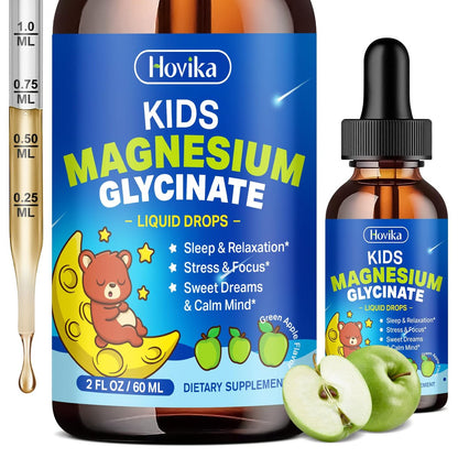 Flüssiges Magnesium für Kinder – mit L-Theanin, Omega-3, Vitamin B6, D3, Zink – Magnesiumglycinat-Tropfen für Schlaf, Entspannung, Ruhe & Konzentration – 60 ml, grüner Apfelgeschmack