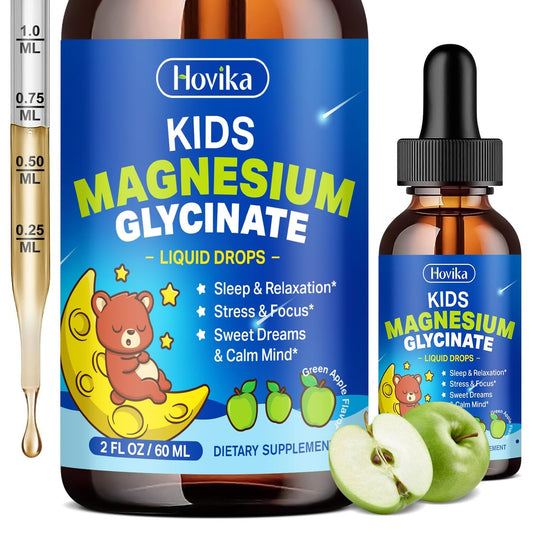 Flüssiges Magnesium für Kinder – mit L-Theanin, Omega-3, Vitamin B6, D3, Zink – Magnesiumglycinat-Tropfen für Schlaf, Entspannung, Ruhe & Konzentration – 60 ml, grüner Apfelgeschmack