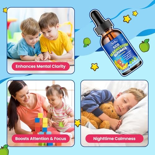 Flüssiges Magnesium für Kinder – mit L-Theanin, Omega-3, Vitamin B6, D3, Zink – Magnesiumglycinat-Tropfen für Schlaf, Entspannung, Ruhe & Konzentration – 60 ml, grüner Apfelgeschmack