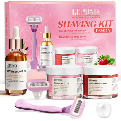 LEPONIX Damen Komplett-Rasierset mit Rasierer & Halter – 5-teiliges Erdbeer-Vanille-Set | Pre-Shave Peeling, Creme, Aftershave-Öl | Luxus-Geschenkset für Frauen
