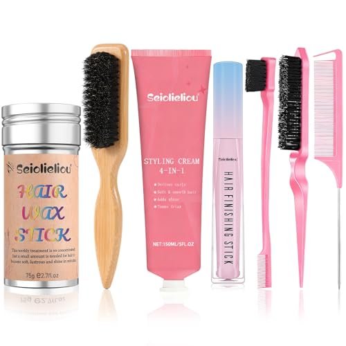 Seiolieliou 4-in-1 Haarstyling-Creme-Set: Haarfinish-Stick, Haarwachs-Stick, Wildschweinborstenbürste & 3 Kämme – All-in-One Profi-Styling-Kit für Frizz-Kontrolle, Glanz & Halt