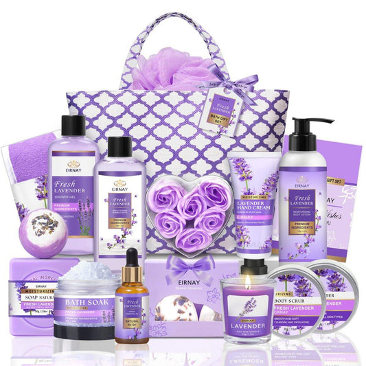 Geschenk für Frauen, Spa-Geschenkkorb für Frauen – 17-teiliges Lavendel-Set mit Körperlotion, Badeschaum, entspannenden Badesets, Geburtstags-Weihnachtsgeschenke für sie, Spa-Kit für Mama, Ehefrau, Schwester, Freundin