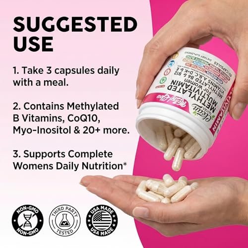 Methylierte Multivitamine für Frauen – Vitamine B6, B12, A, B, C, D, K, E, Folsäure, Cholin, Omega-3, Thiamin, Riboflavin, Eisen, Jod, Magnesium, Zink, Selen, Kupfer, Calcium – 90 Kapseln von Clean Nutra